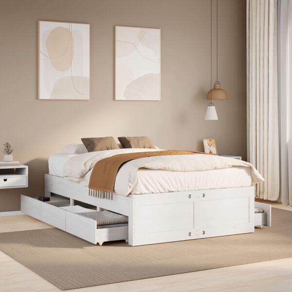 vidaXL Cama sem colch&atilde;o com gavetas 135x190 cm pinho maci&ccedil;o branco