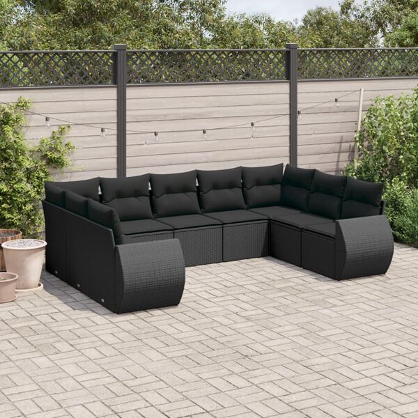 vidaXL 9 pcs conjunto de sof&aacute;s p/ jardim c/ almofad&otilde;es vime PE preto