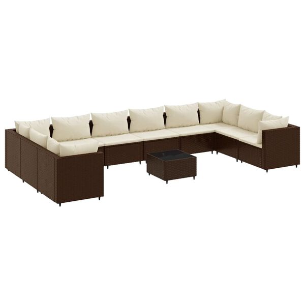 vidaXL 11 pcs conjunto lounge jardim c/ almofadões vime PE castanho