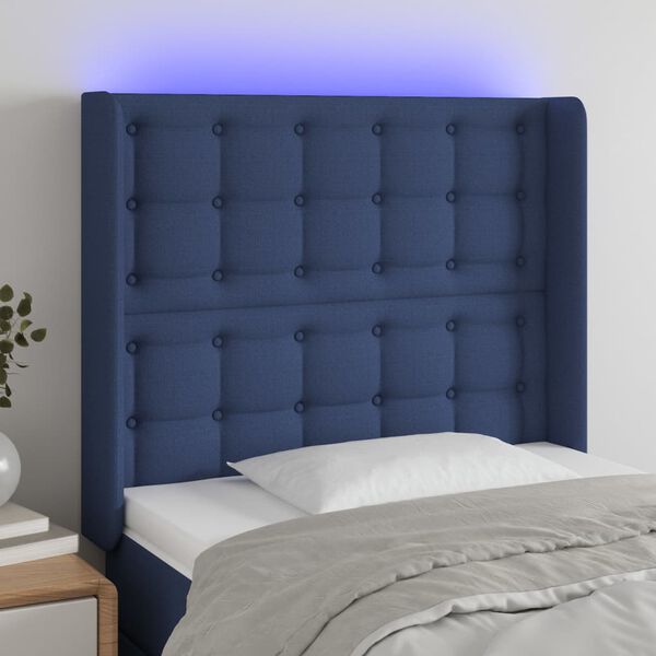 vidaXL Cabeceira de cama c/ luzes LED tecido 83x16x118/128 cm azul