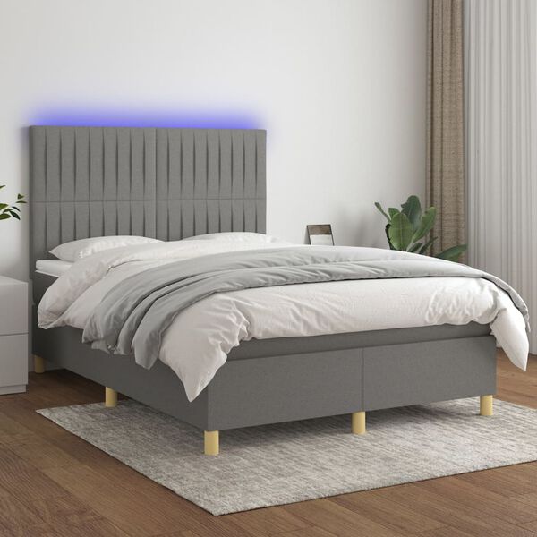 vidaXL Cama box spring c/ colch&atilde;o e LED 140x200 cm tecido cinza-escuro