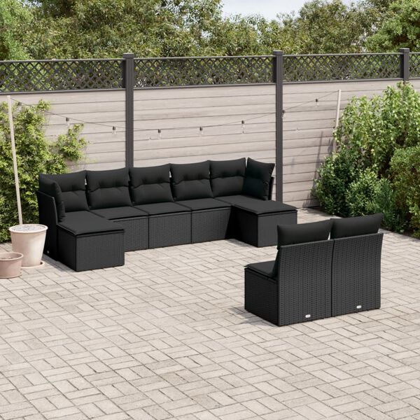 vidaXL 9 pcs conjunto de sof&aacute;s p/ jardim c/ almofad&otilde;es vime PE preto