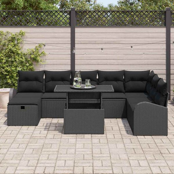 vidaXL Conjunto de Sof&aacute; de Jardim 9 pcs Preto Rattan Sint&eacute;tico