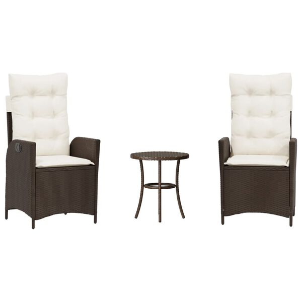 vidaXL 3 pcs conjunto bistr&ocirc; com almofad&otilde;es vime PE castanho