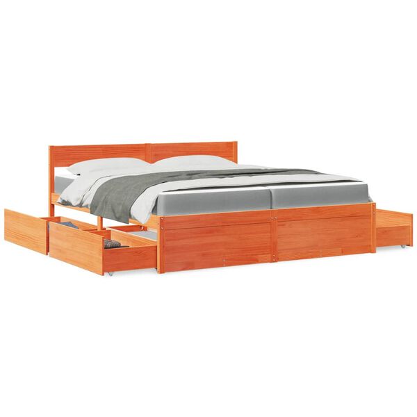 vidaXL Cama com gavetas e colch&atilde;o 200x200 cm pinho maci&ccedil;o castanho-mel
