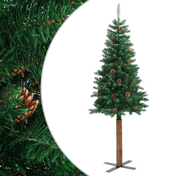 vidaXL Árvore de Natal fina madeira e pinhas genuínas 210 cm PVC verde