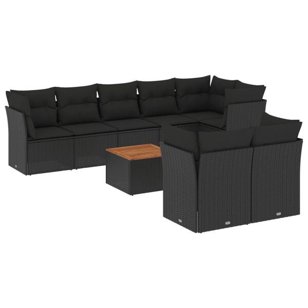 vidaXL 9 pcs conjunto de sof&aacute;s p/ jardim c/ almofad&otilde;es vime PE preto