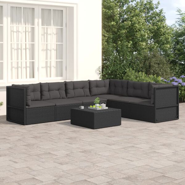 vidaXL 6 pcs conjunto lounge de jardim c/ almofad&otilde;es vime PE preto