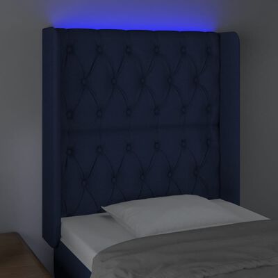 vidaXL Cabeceira de cama c/ luzes LED tecido 83x16x118/128 cm azul