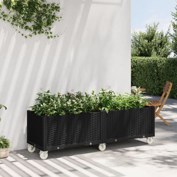 vidaXL Vaso/floreira de jardim com rodas 160x50x54 cm PP preto