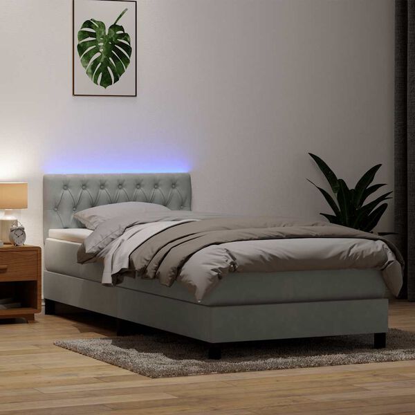 vidaXL Cama box spring c/ colch&atilde;o e LED cinzento-claro 90x220 cm veludo