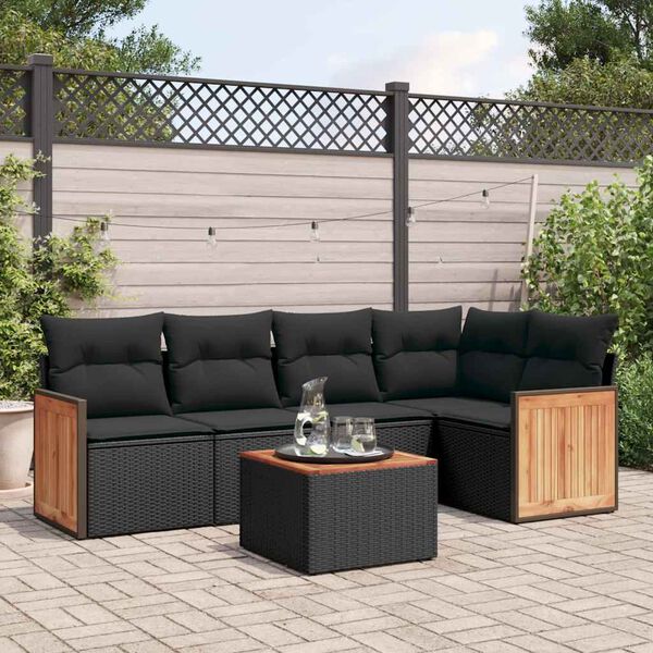 vidaXL 6 pcs conjunto sofás de jardim c/ almofadões vime PE preto