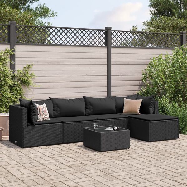 vidaXL 5 pcs conjunto lounge de jardim c/ almofadões vime PE preto