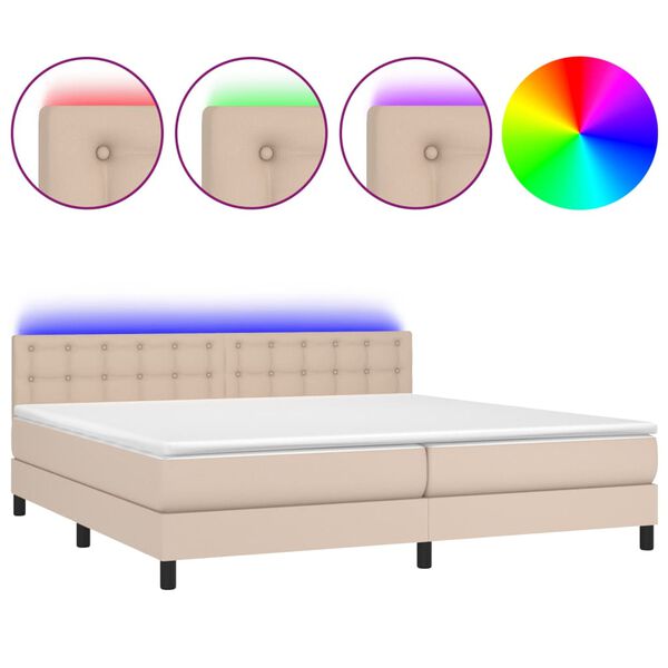 vidaXL Cama box spring c/colch&atilde;o/LED 200x200cm couro artif. cappuccino