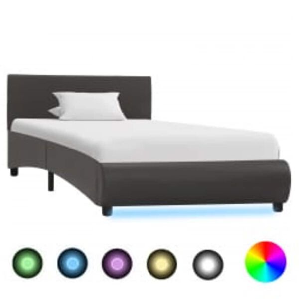 vidaXL Estrutura de cama c/ LEDs 90x200 cm couro artificial cinzento