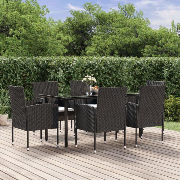 vidaXL 7 pcs conjunto de jantar p/ jardim c/ almofad&otilde;es vime PE preto