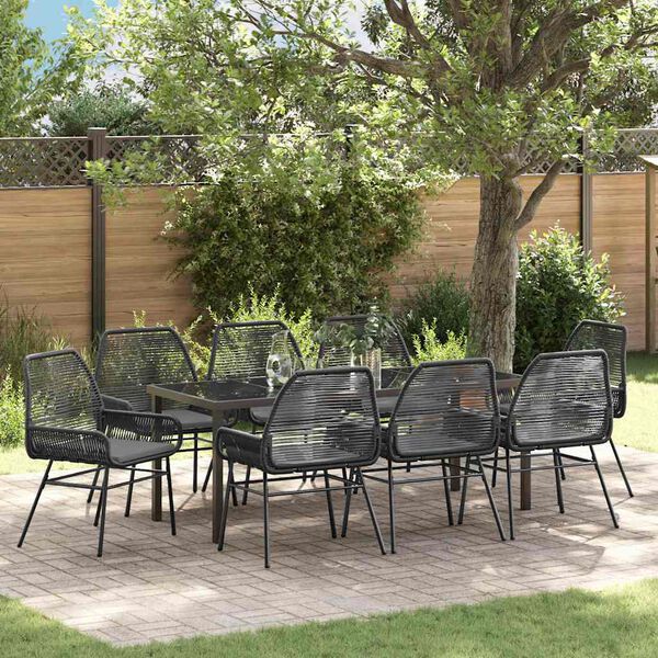 vidaXL Conjunto de Jantar para Jardim com almofada 9 pcs Preto vime PE
