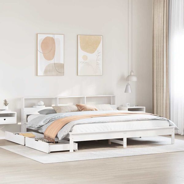 vidaXL Cama com estante sem colch&atilde;o 180x200 cm pinho maci&ccedil;o branco