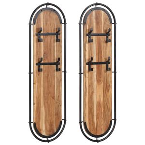 vidaXL Cabides de parede com 4 ganchos 2 pcs madeira de ac&aacute;cia maci&ccedil;a