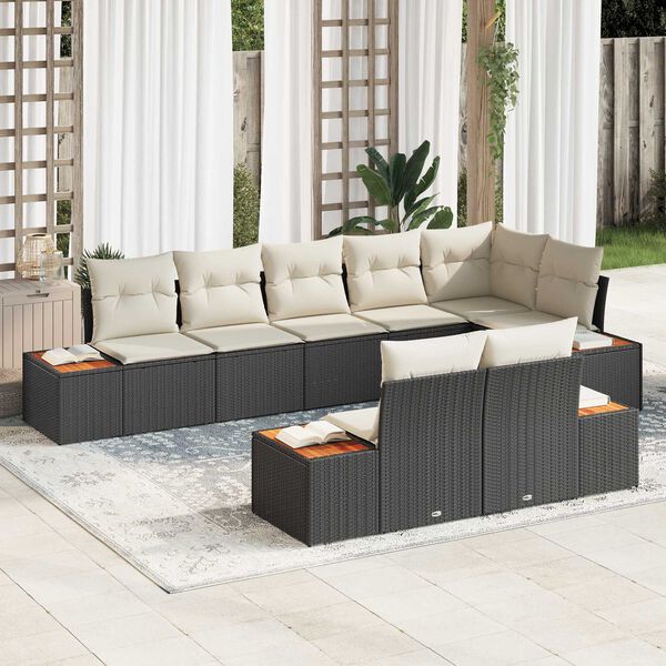 vidaXL Conjunto de Sof&aacute; de Jardim 8 pcs Preto e Creme Polirattan