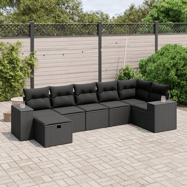 vidaXL 7 pcs conjunto de sof&aacute;s p/ jardim c/ almofad&otilde;es vime PE preto