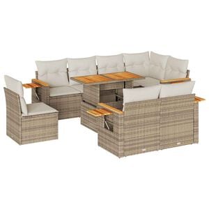 vidaXL 9 pcs conjunto sof&aacute;s jardim com almofad&otilde;es vime PE/ac&aacute;cia bege