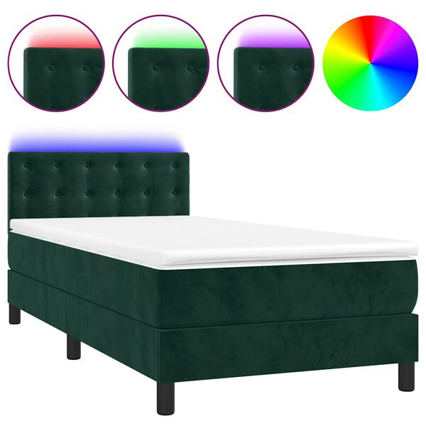 vidaXL Cama box spring c/ colch&atilde;o/LED 90x200 cm veludo verde-escuro