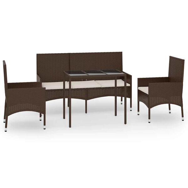 vidaXL 4 pcs conjunto lounge jardim c/ almofad&otilde;es vime PE castanho