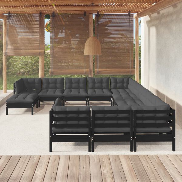 vidaXL 12 pcs conjunto lounge de jardim c/ almofadões pinho preto