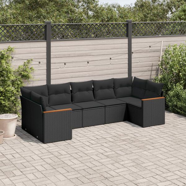 vidaXL 7 pcs conjunto de sof&aacute;s p/ jardim c/ almofad&otilde;es vime PE preto