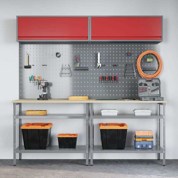 vidaXL Conjunto de bancada de trabalho com prateleira Cinzeto A&ccedil;o