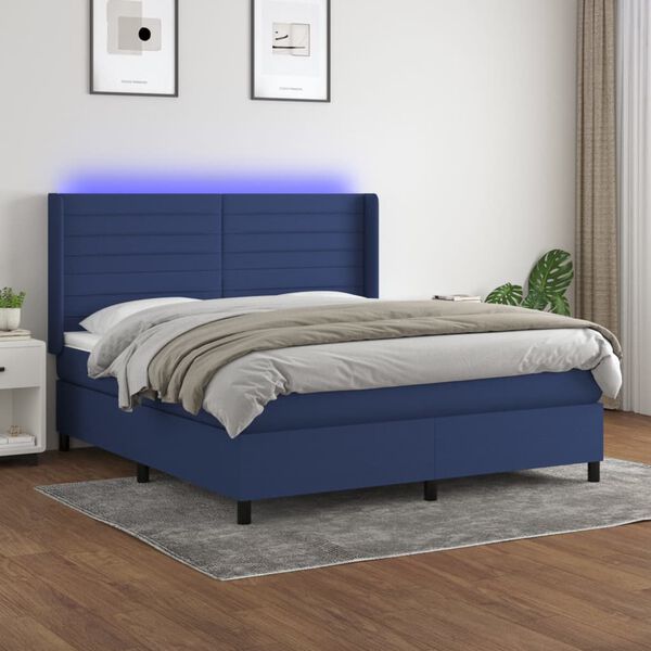 vidaXL Cama box spring c/ colch&atilde;o e LED 180x200 cm tecido azul