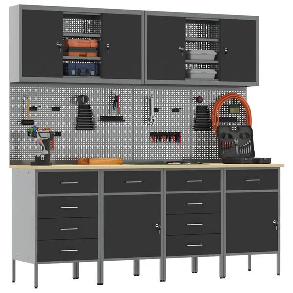 vidaXL Arm&aacute;rio de Trabalho 10 pcs Preto Madeira de Engenharia e A&ccedil;o