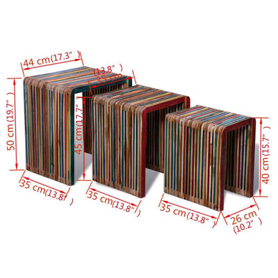 vidaXL Conjunto de mesas de encastrar 3 pcs teca reciclada colorida