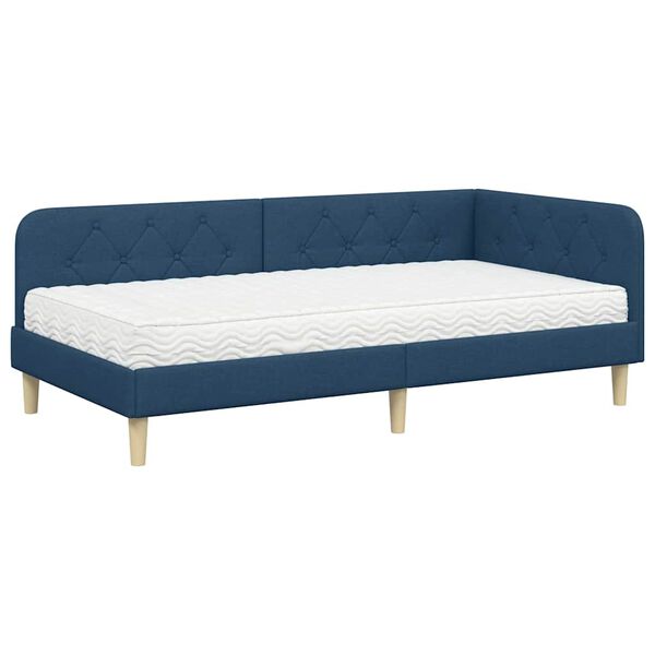 vidaXL Estrutura de Cama de Canto com colch&atilde;o Azul 90 x 200 cm tecido