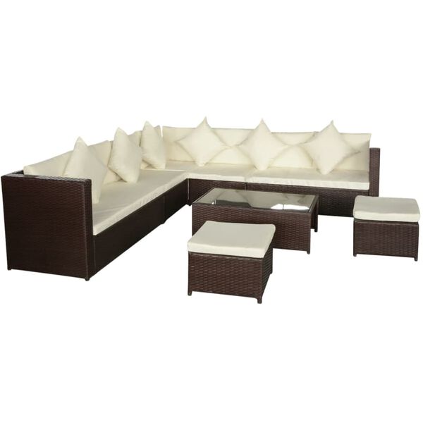 vidaXL 8 pcs conjunto lounge jardim c/ almofad&otilde;es vime PE castanho