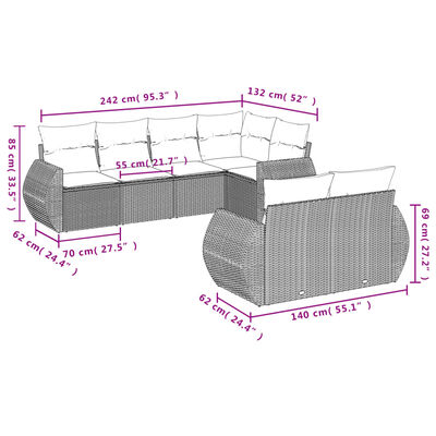 vidaXL 7 pcs conjunto sofás p/ jardim c/ almofadões vime PE cinzento