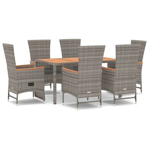 vidaXL 7 pcs conjunto de jantar p/ jardim c/ almofad&otilde;es vime PE cinza