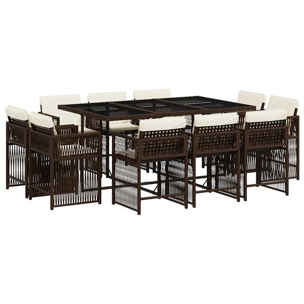 vidaXL 11 pcs conjunto jantar p/ jardim c/ almofad&otilde;es vime PE castanho