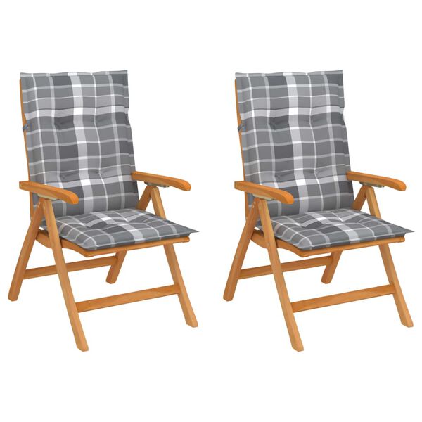 vidaXL Cadeiras de jardim c/ almofad&otilde;es xadrez cinzento 2 pcs teca