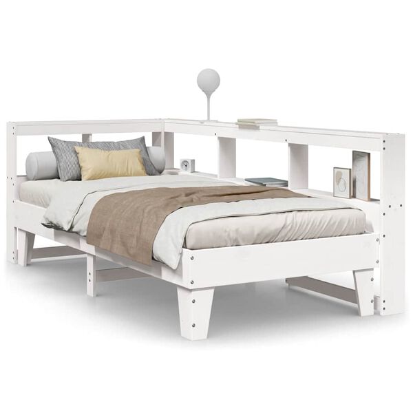 vidaXL Cama com estante sem colch&atilde;o 90x200 cm pinho maci&ccedil;o branco