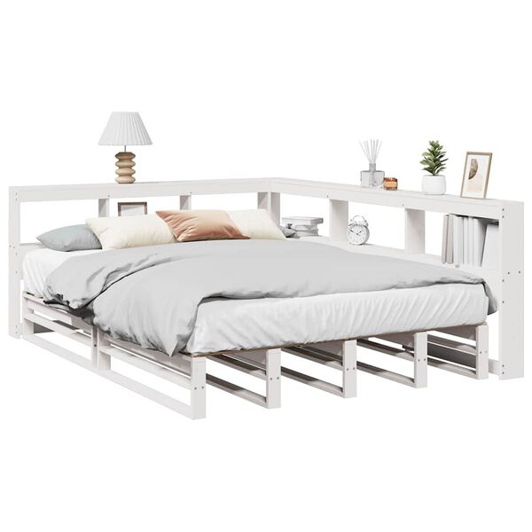 vidaXL Cama com estante sem colch&atilde;o 135x190 cm pinho maci&ccedil;o branco