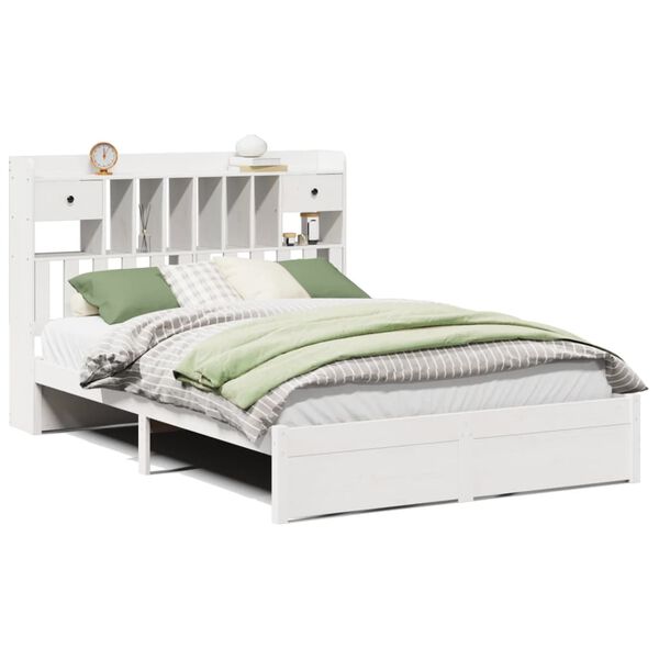 vidaXL Cama com estante sem colch&atilde;o 140x190 cm pinho maci&ccedil;o branco