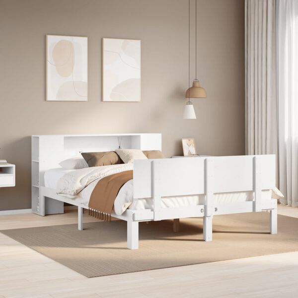 vidaXL Cama com estante sem colchão 140x190 cm pinho maciço branco