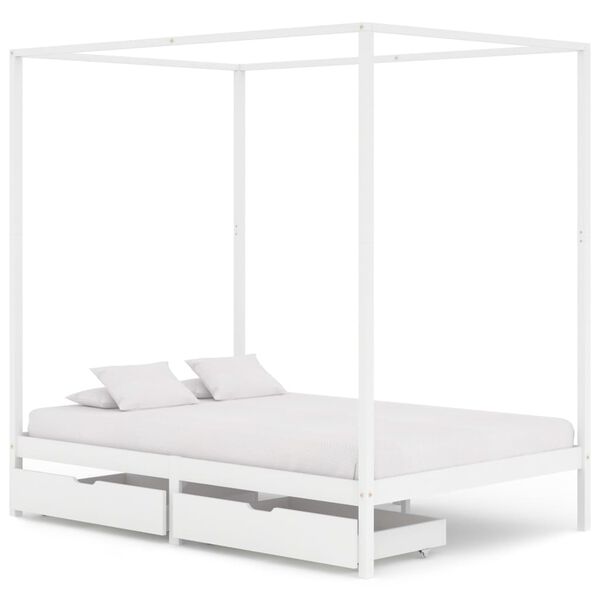 vidaXL Estrutura cama dossel 2 gavetas 140x200cm pinho maci&ccedil;o branco