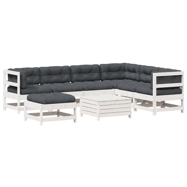 vidaXL 8 pcs conj. lounge de jardim c/ almofad&otilde;es pinho maci&ccedil;o branco