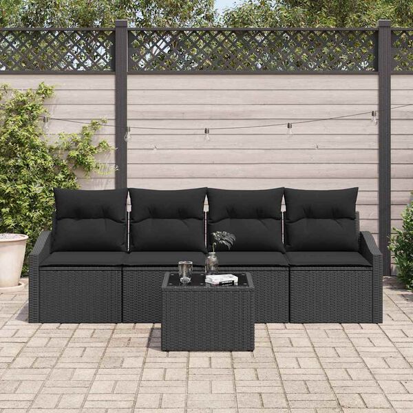 vidaXL Conjunto de Sof&aacute;s com almofada 5 pcs Preto vime PE