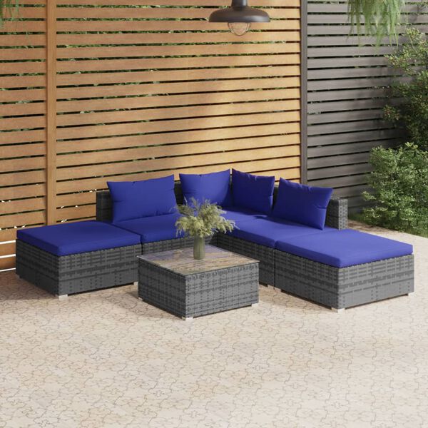 vidaXL 6 pcs conjunto lounge de jardim c/ almofad&otilde;es vime PE cinzento