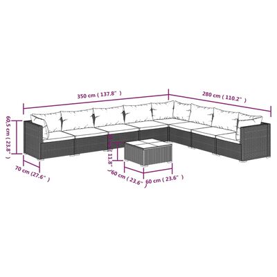 vidaXL 9 pcs conjunto lounge de jardim c/ almofadões vime PE cinzento