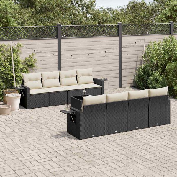 vidaXL 9 pcs conjunto de sof&aacute;s p/ jardim c/ almofad&otilde;es vime PE preto